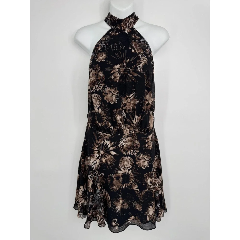 Free People Katerina Mini Dress Large Black Floral Halter Neck Boho Party Chic